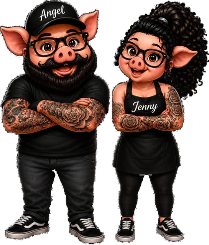Angel and Jenny drawn as the truck&rsquo;s pigs &mdash; Angel in his cap and beard, Jenny in her apron.
